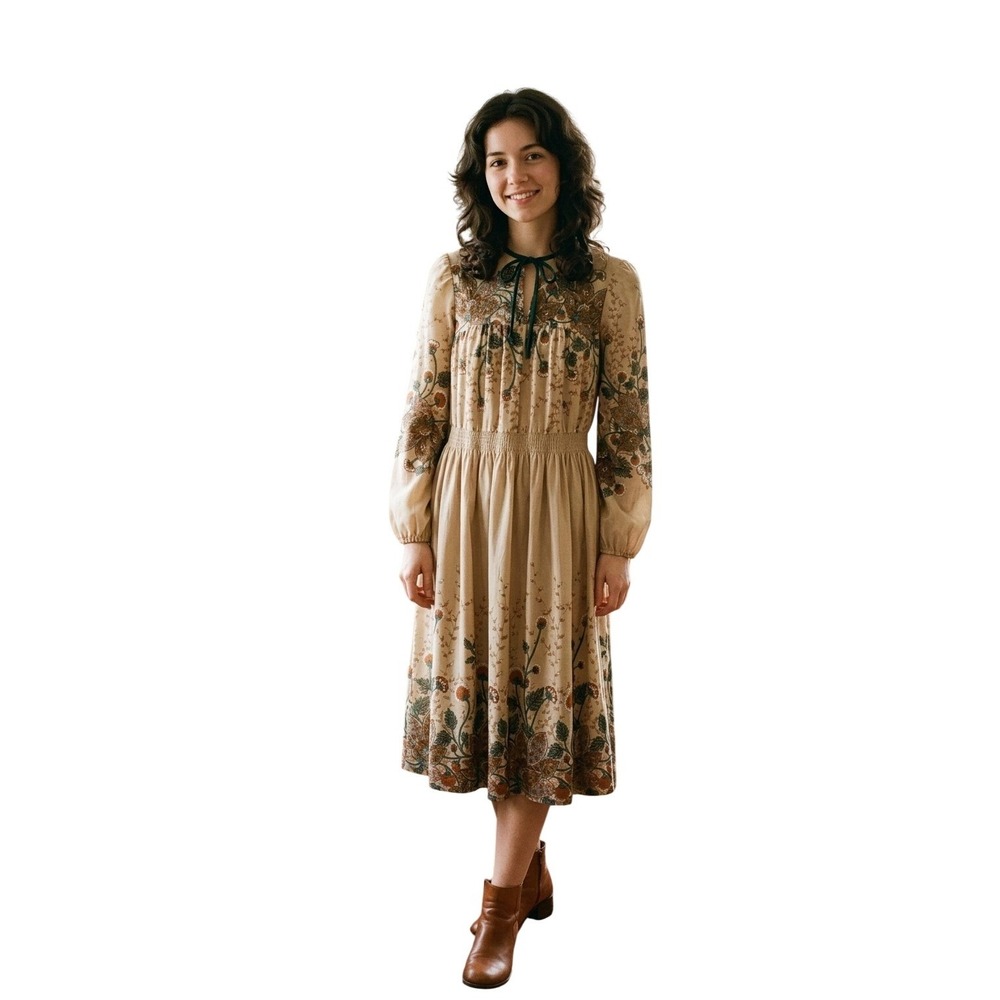 VTG 70s Jerell‎ of Texas Midi Dress Womens 5 Tan Floral Prairie Boho Tie Neck